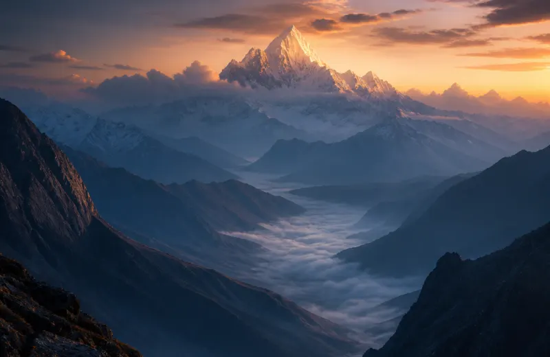 Snow-covered Himalayan peaks at sunset