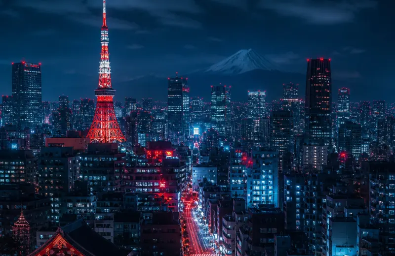 Tokyo skyline glowing with neon at night
