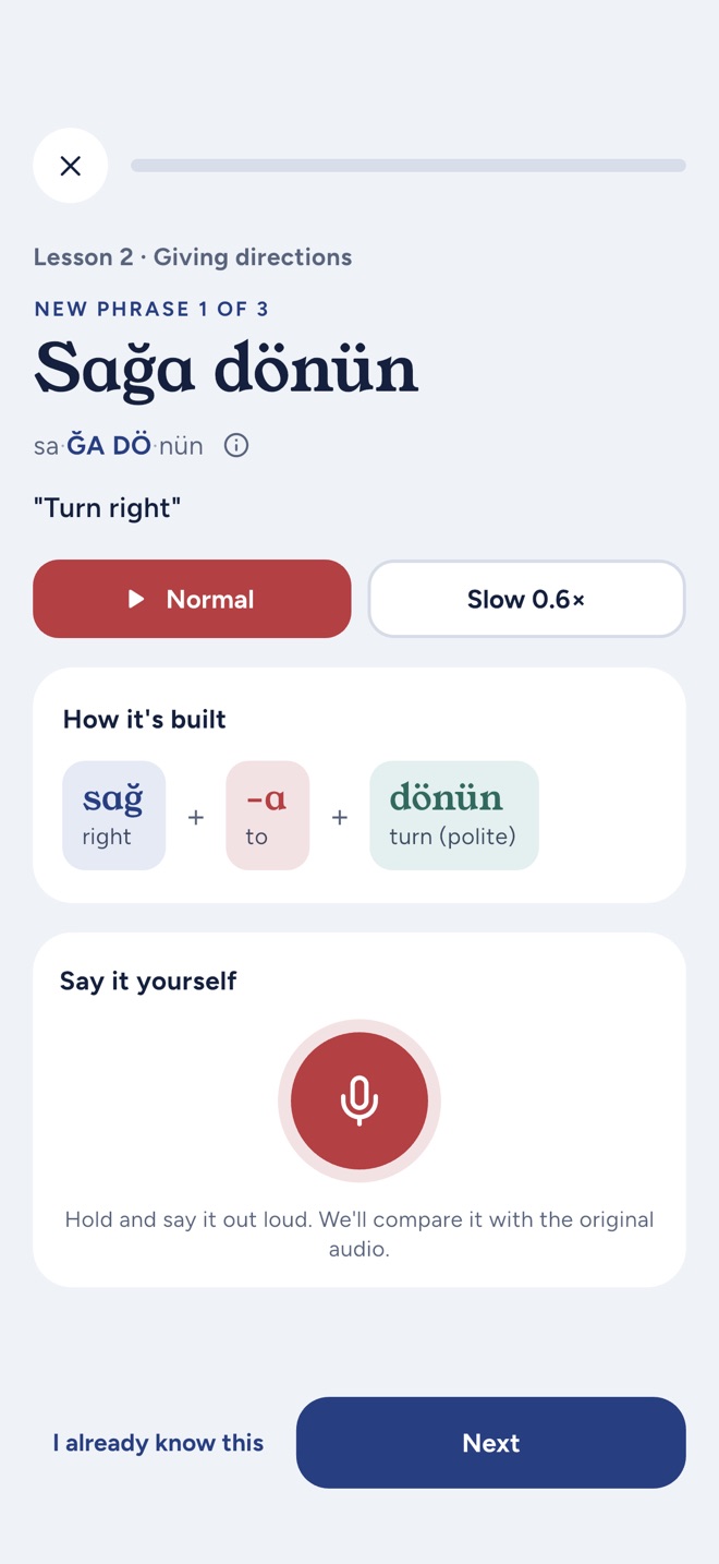 A lesson with phrase, pronunciation and audio