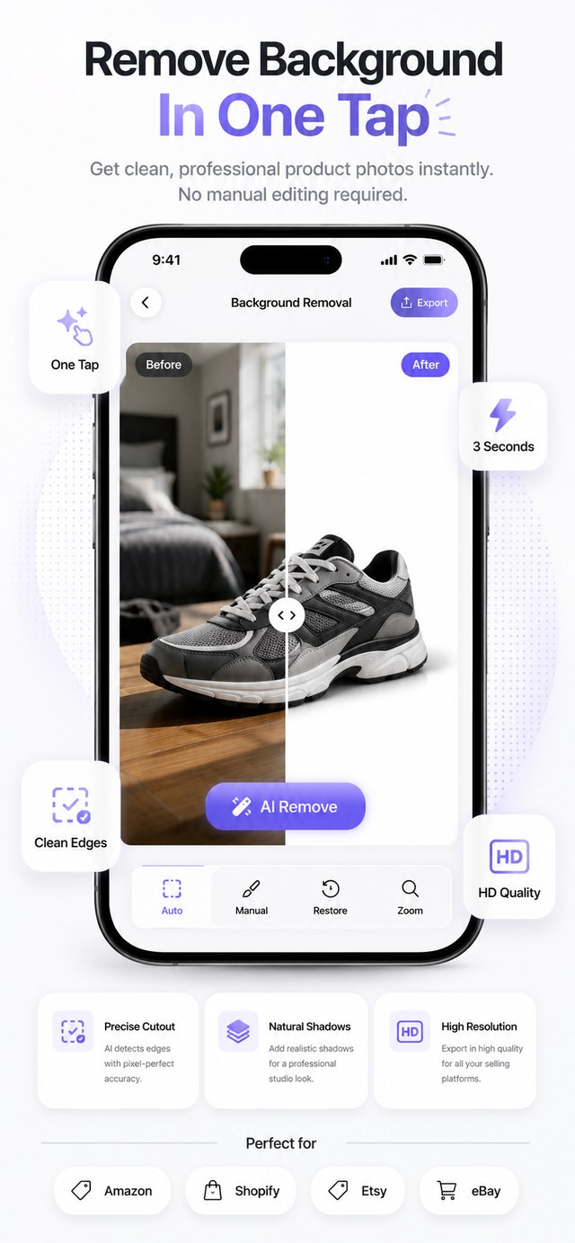 One-tap background removal on a pair of shoes