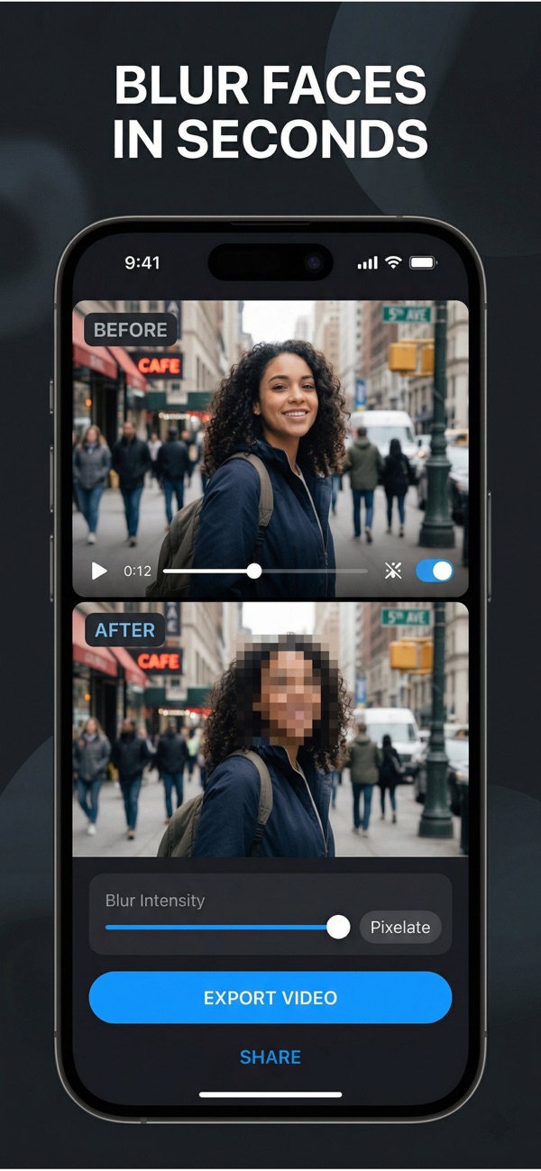 Before and after: face automatically blurred in a video
