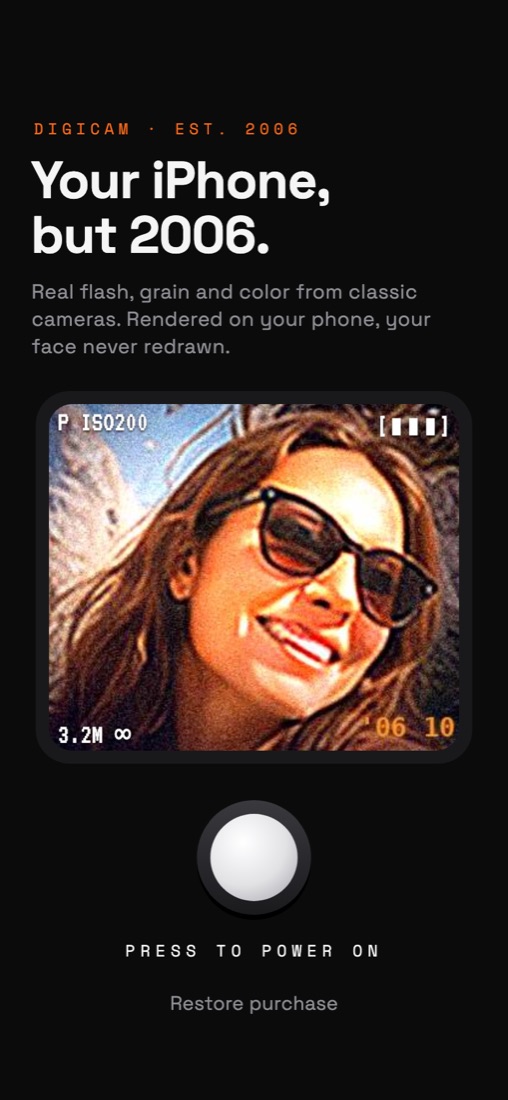 DigiCam power-on screen: Your iPhone, but 2006.