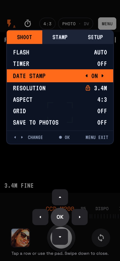 Navy LCD camera menu with D-pad