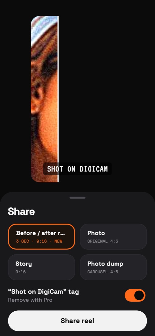 Share sheet with before/after reel